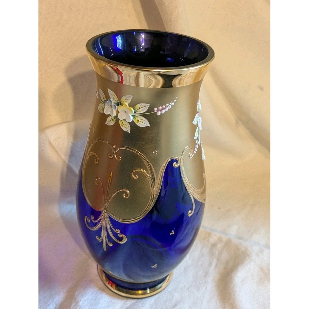 Vintage Cobalt Blue Bohemian Czech Crystal Vase Flowers 24kt Gold 10 in Tall